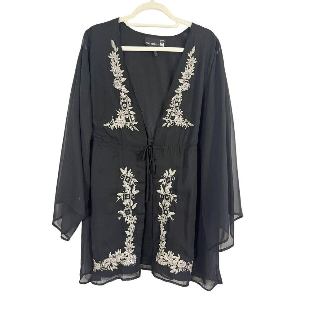 Antthony Sheer Floral Kimono XL Black Boho Western Beaded Sequin Hippie Concert
